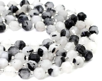 Natural Black Tourmaline Rutilated Quartz Faceted Round 7mm x 8mm Double Terminated Points Energy Prism Cut Gemstone Beads - PGS303