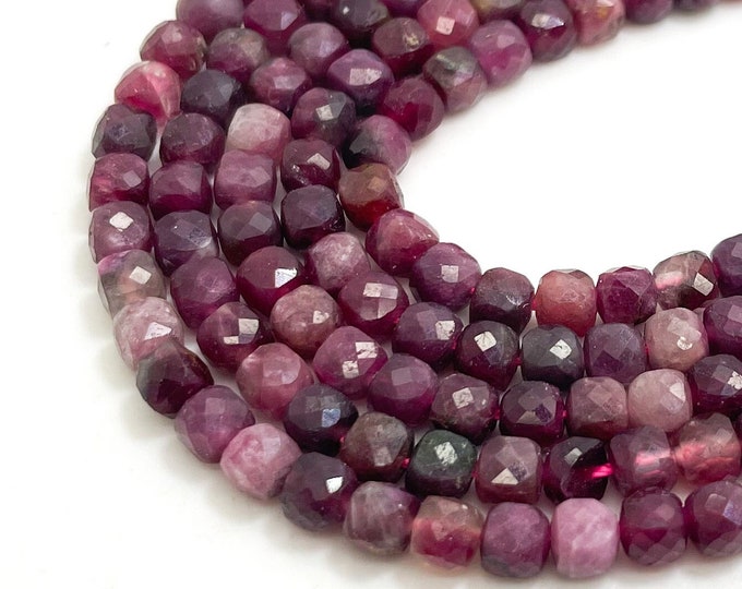 Natural Red Ruby Beads Square Cube Faceted Size 4mm Natural Gemstone Beads - PGS262