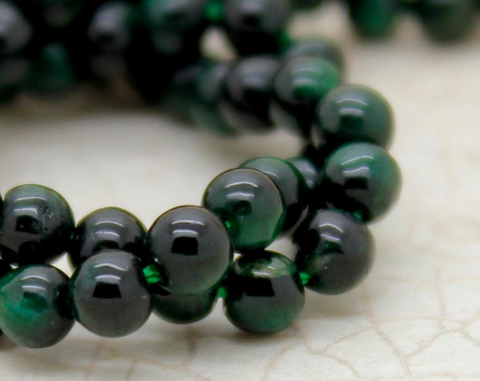 Green Tiger Tiger's Eye Smooth Round Natural Gemstone Beads - Full Strand Loose Beads