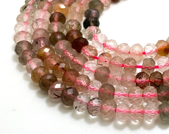 Mixed Natural Rutilated Quartz 4mm x 6mm Faceted Rondelle Gemstone Beads - RDF06B