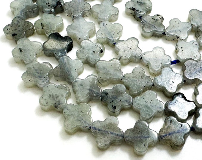 Natural Gray Labradorite Four Leaf Clover 8mm Smooth Gemstone Beads - PGS408