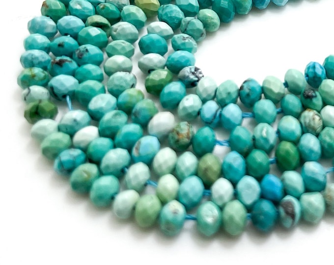Natural Turquoise, Genuine Hubei Blue Turquoise Faceted Rondelle 2mm x 3mm Gemstone Beads - RDF96