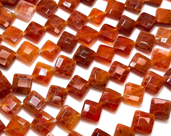 Fire Agate Beads, Natural Red Fire Agate Smooth Faceted Flat Square Gemstone Beads - PG190