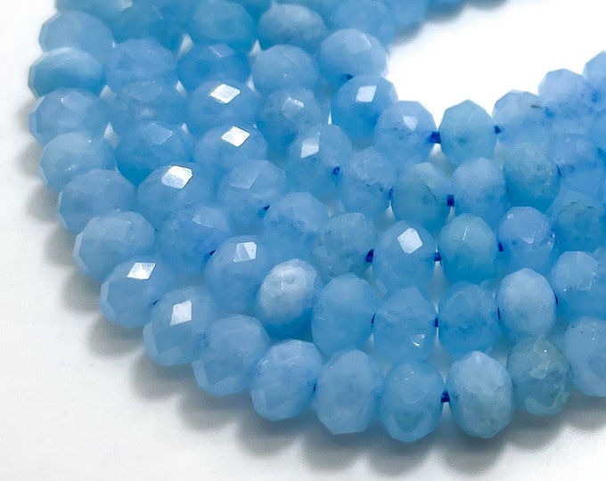 Aquamarine Beads, Natural Faceted Rondelle AAA Blue Aquamarine 4mm x 6mm Gemstone Beads for necklace bracelet- RDF86