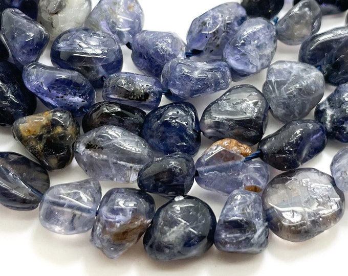 Blue Iolite Beads, Natural Iolite Polished Nugget Pebble Round Barrel Gemstone Beads - PG318