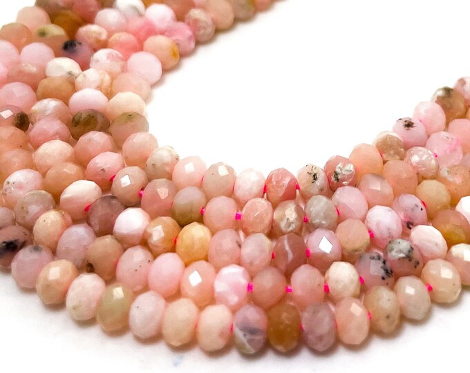 Natural AAA Pink Opal Faceted Rondelle 3mm x 4mm Gemstone Beads - RDF111