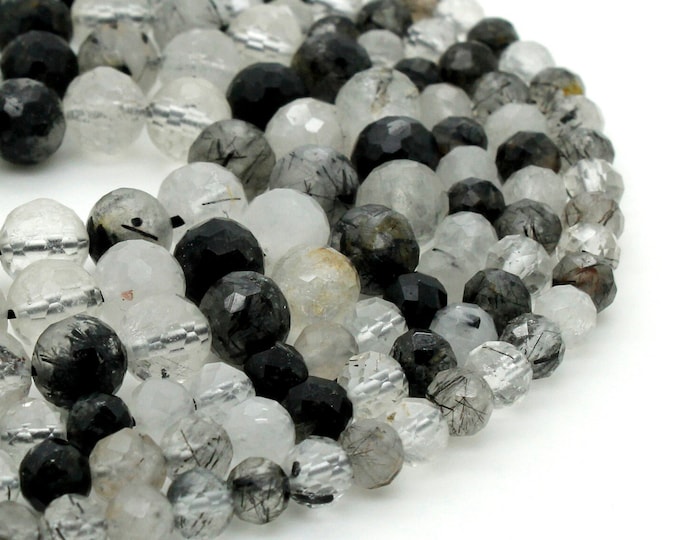 Black Hair Tourmaline Quartz, Black Hair Rutilated Quartz Faceted Round Ball Sphere Natural Gemstone Beads - RNF96