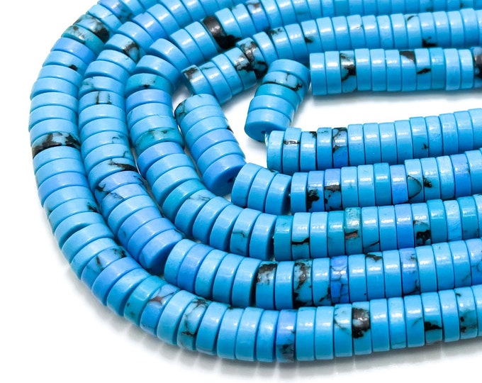 Genuine Blue Turquoise Beads, Natural Turquoise Rondelle Flat Disc Heishi Gemstone 2mm x 6mm Beads - RD28