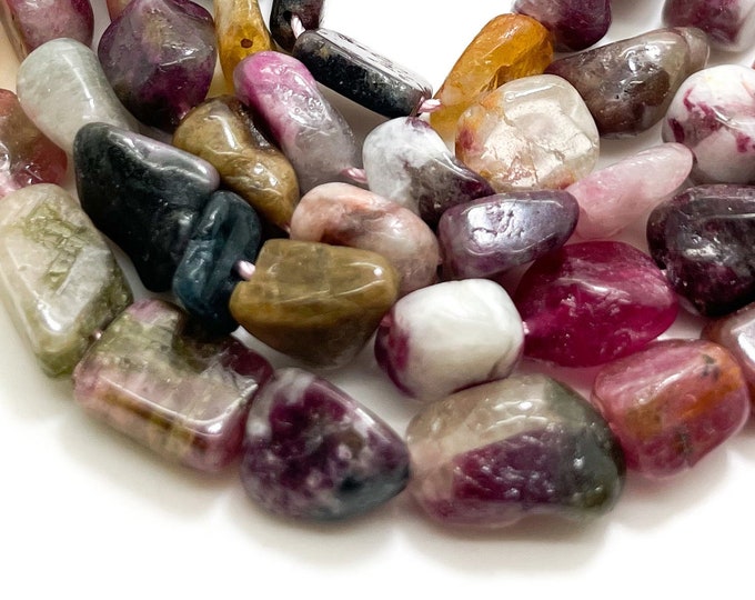 Rainbow Tourmaline Beads, Natural Tourmaline Polished Nugget Pebble Round Barrel Gemstone Beads - PG318