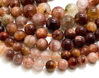 Red Rutilated Quartz Beads, High Quality Grade AAA Red Rutile Quartz Smooth Polished Round Sphere 6mm 8mm 10mm Gemstone Beads - RN136A