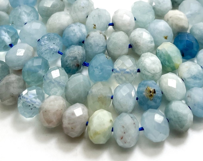Natural Aquamarine Beads, Blue Aquamarine Faceted Rondelle 5mm x 7mm Gemstone Beads - RDF102