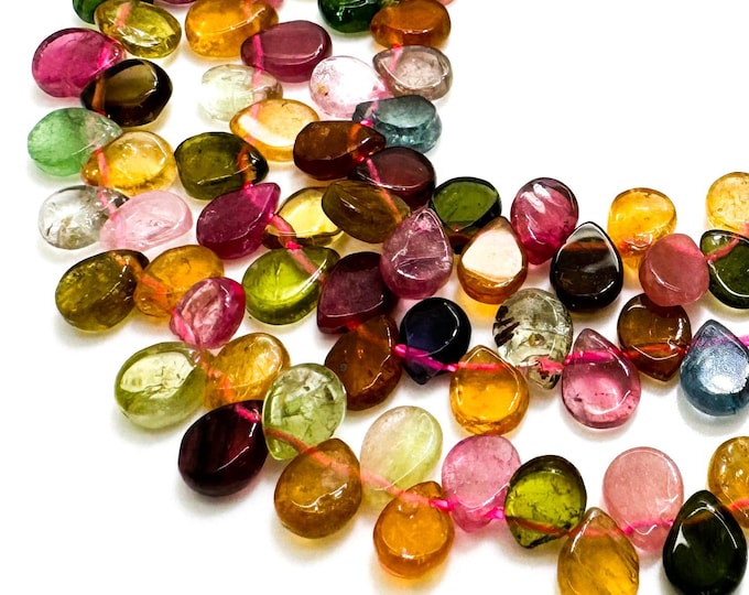 Rare High Quality AAAA Grade Multi Color Natural Rainbow Tourmaline Transparent Smooth Flat Pear Teardrop Gemstone Beads - PGS50D