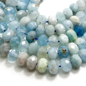 Natural Aquamarine Beads, Blue Aquamarine Faceted Rondelle 5mm x 7mm Gemstone Beads - RDF102