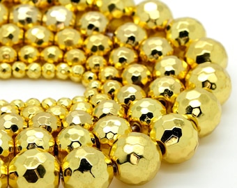 Hematite, Gold Hematite Faceted Round Ball Sphere Loose Gemstone Beads - (6mm, 8mm, 10mm, 12mm) - RNF56