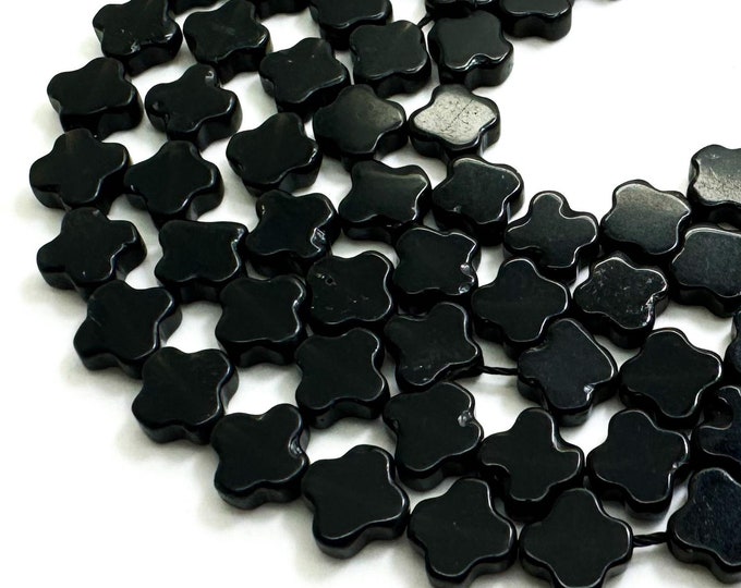 Natural Black Onyx Four Leaf Clover 8mm Smooth Gemstone Beads - PGS408