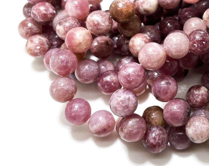 Natural Rare Cherry Rose Red Lepidolite Smooth Round  Gemstone Beads - 6mm 8mm 10mm Full 15.5" Strand - RN24