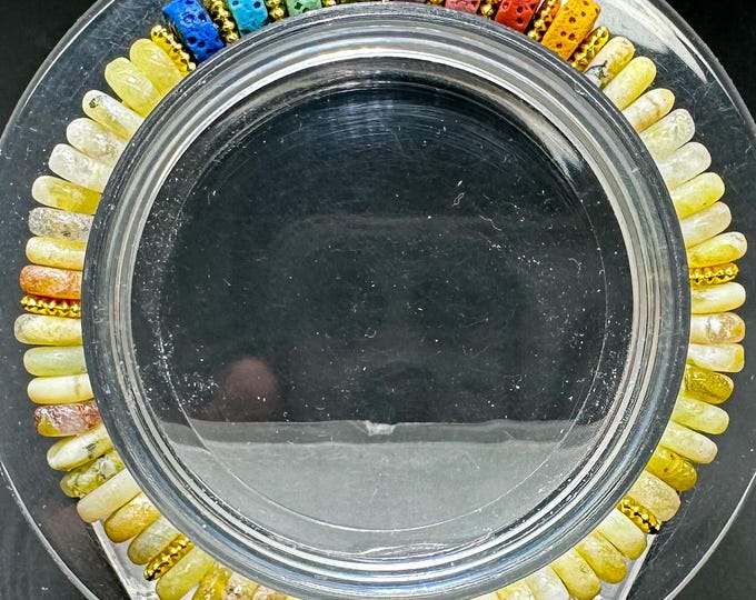 6.5" Yellow Jade & Chakra Lava Rock Bracelet – Handmade Elastic Cord, 6mm - PGB8R13