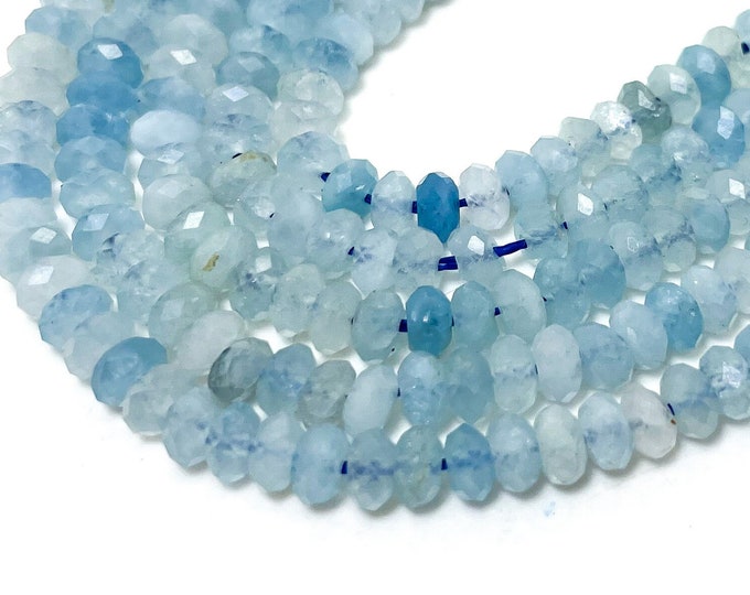 Natural AAA Blue Aquamarine Faceted Rondelle 3mm x 5mm Gemstone Beads - RDF113