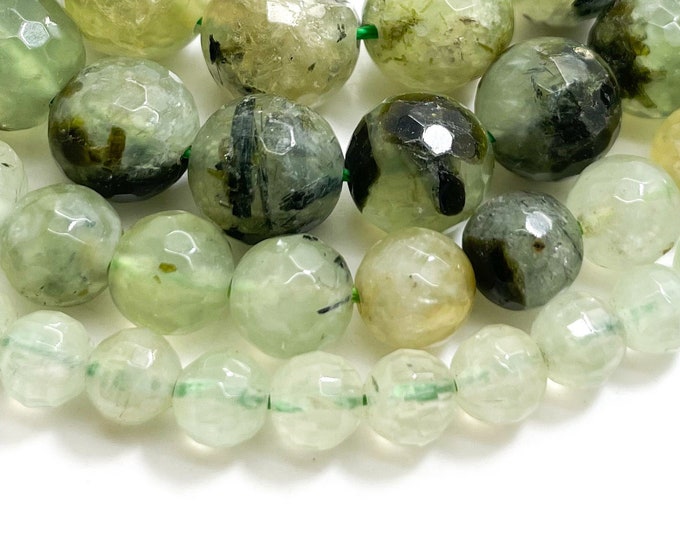 Natural Prehnite Beads, Faceted Round Sphere Frosted Transparent Green Prehnite Gemstone Beads 3mm 4mm 6mm 8mm 10mm 12mm - PG168