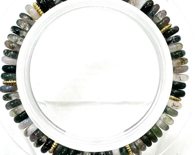 Handmade Green Moss Agate Bracelet: Gemstone Beads with Gold Accents - PGB8R26