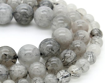 Black Hair Tourmaline Rutilated Quartz Smooth Round Ball Sphere Natural Gemstone Beads - Full Strand