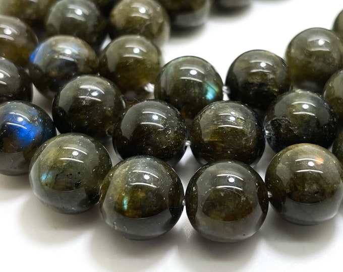 Dark Gray Labradorite, Natural Blue Flash Labradorite Polished Smooth Round Gemstone Bead - RN121