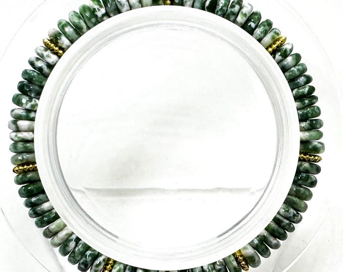 Handmade Green Tree Agate Rondelle Bracelet 6.5" – 6mm Gemstone Beads with Gold Spacers - PGB8R25