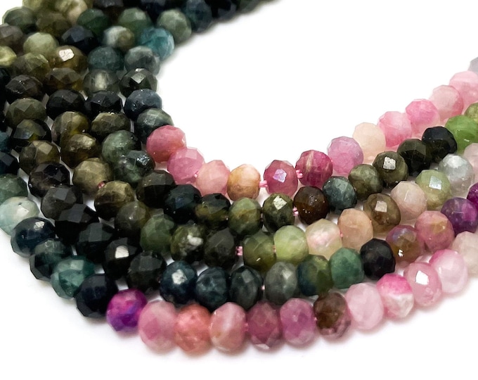 Natural Multi-Color Watermelon Tourmaline Faceted Rondelle 3mm x 4mm Gemstone Beads - RDF111