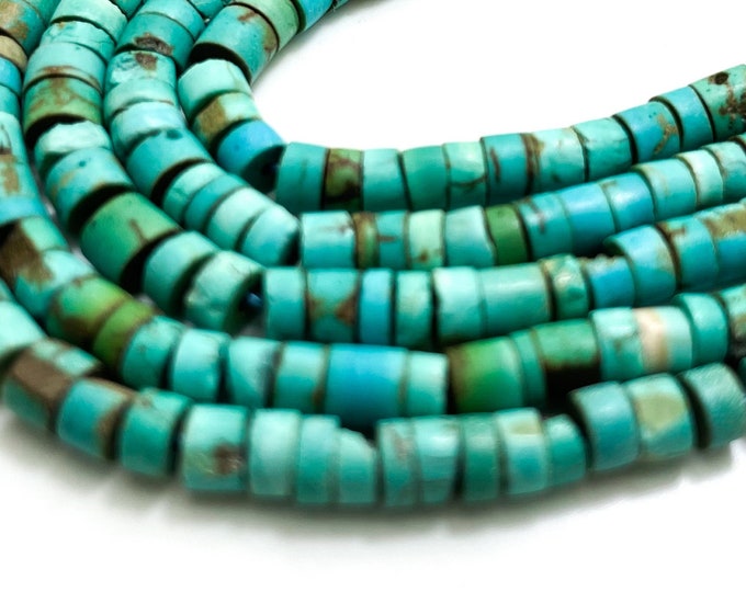 Natural Genuine Turquoise, Blue Arizona Kingman Turquoise Polished Heishi Rondelle Disc 3mm 4mm Gemstone Beads - PG93