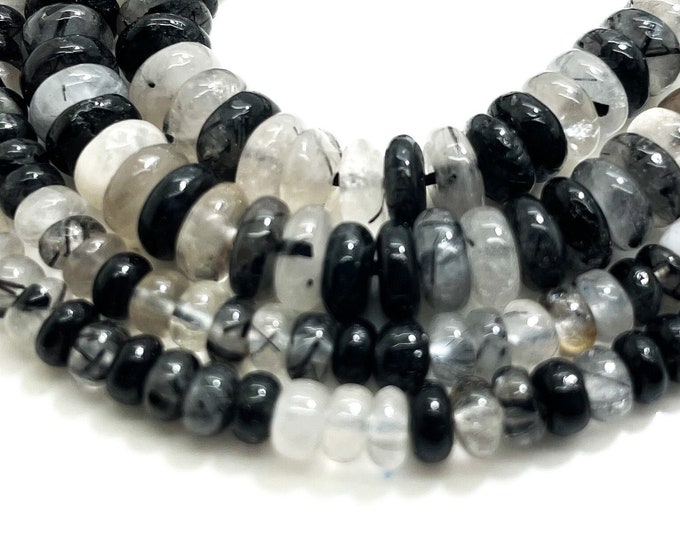Tourmaline Beads, Natural High Quality Black Tourmaline Rutilated Quartz Smooth Polished Rondelle Round Flat Gemstone Beads - RD34