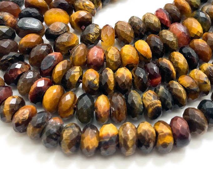 Yellow Red Tiger Eye Faceted Rondelle 8mm Natural Gemstone Beads - RDF54B