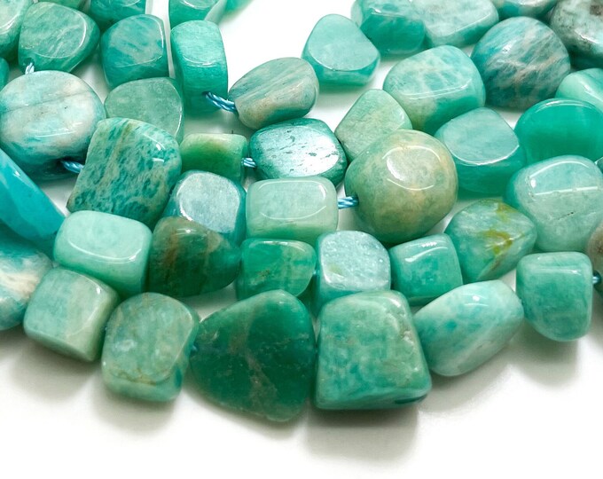 Green Amazonite Beads, Natural Amazonite Polished Nugget Pebble Round Barrel Gemstone Beads - PG318