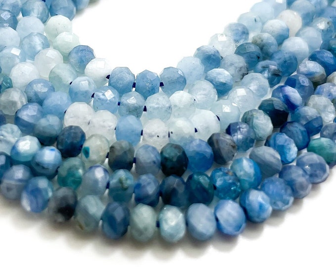 Natural Aquamarine Kyanite Beads, Faceted Rondelle Blue Aquamarine Kyanite 3mm x 4mm Aquamarine Gemstone Beads - RDF71