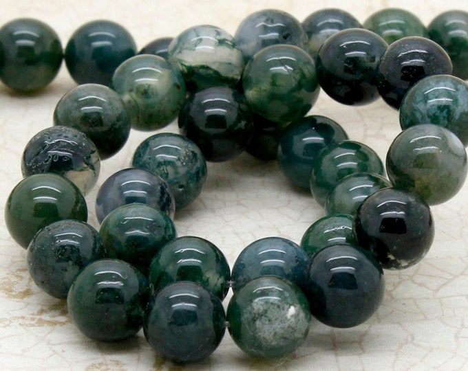 Natural Green Moss Agate Smooth Polished Round Sphere Rock Loose Gemstone Beads (4mm 6mm 8mm 10mm) Full Strand PG310