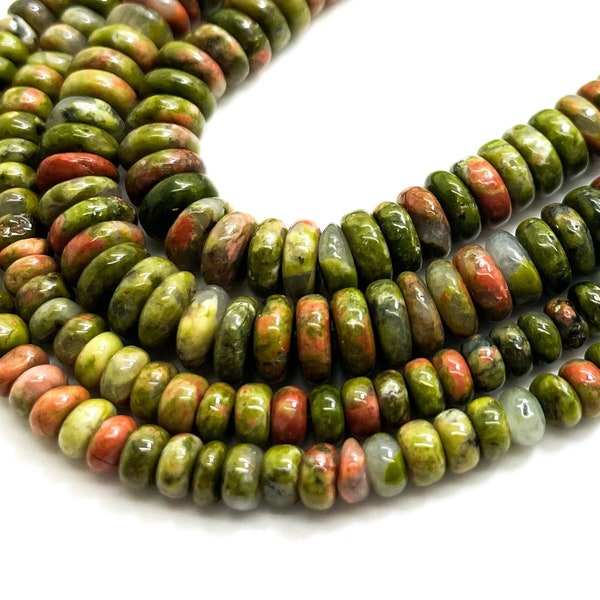 Unakite Beads, Natural High Quality Green Unakite Smooth Polished Rondelle Round Flat Gemstone Beads - RD34