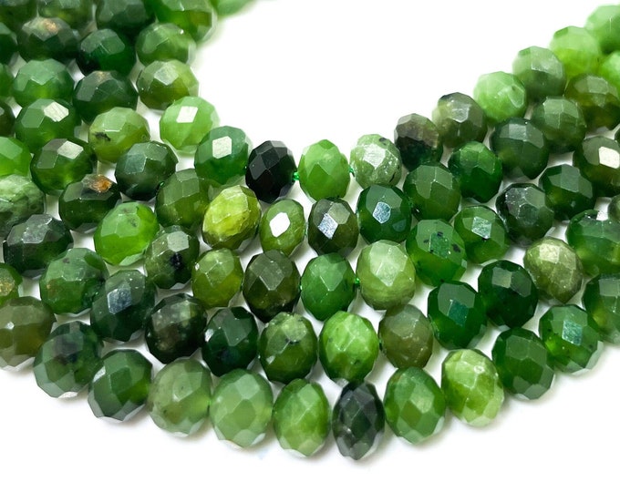 Natural Green Nephrite Jade Faceted Rondelle 4mm x 6mm Gemstone Beads - RDF114