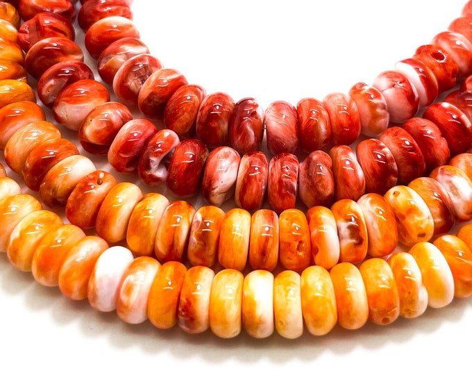 AAA Natural Red Orange Spiny Oyster Rondelle Disc Polished 8mm Assorted Size Beads - PG263A