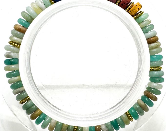 6.5" Amazonite & Chakra Lava Rock Bracelet – Handmade Elastic Cord, 6mm - PGB8R10