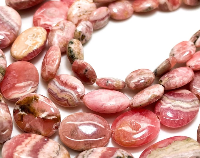 Natural Rhodochrosite Beads, Pink Rhodochrosite Polished Smooth Flat Oval Gemstone Beads - PG127A