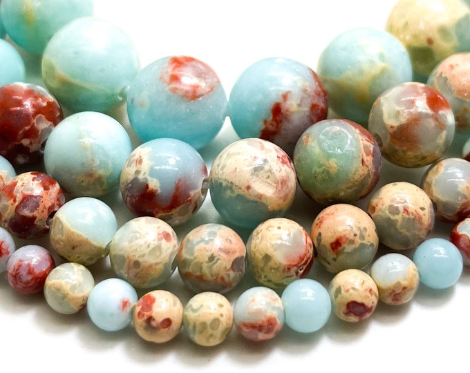 Natural Blue African Sea Sediment Jasper Smooth Polished Round Sphere Gemstone Beads (4mm 6mm 8mm 10mm) - RN23