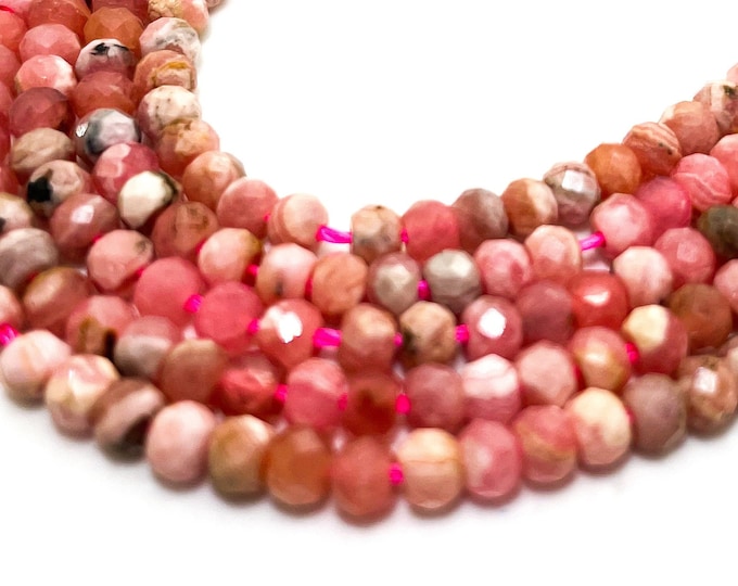 Natural Pink Rhodochrosite Faceted Rondelle 3mm x 4mm Gemstone Beads - RDF111