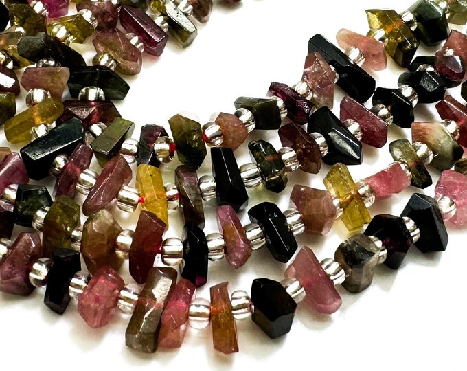 Natural Tourmaline, AAA Rainbow Multi color Tourmaline Nugget Irregular Chips Gemstone Bead Beads - RDS18