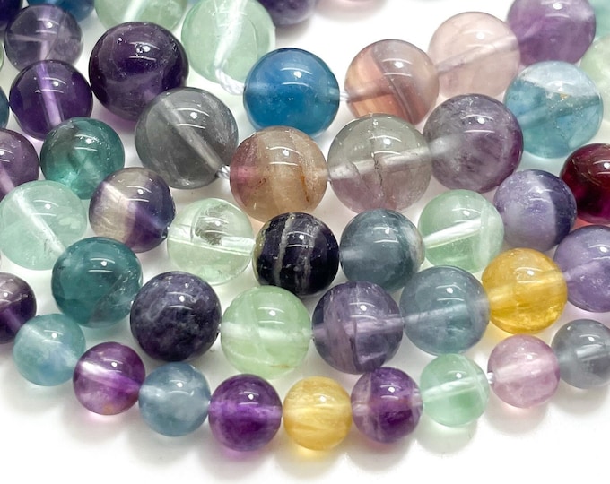 AAA Fluorite Beads, Multi Color Fluorite Natural Gemstone Polished Smooth Round 6mm 8mm 10mm Beads - RN65C