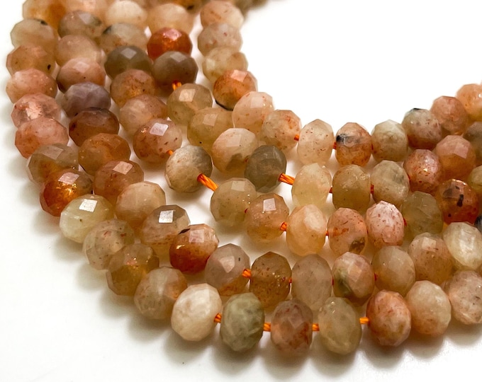 Peach Moonstone Beads, Natural Peach Moonstone Faceted Rondelle 4mm x 6mm Gemstone Beads - RDF98