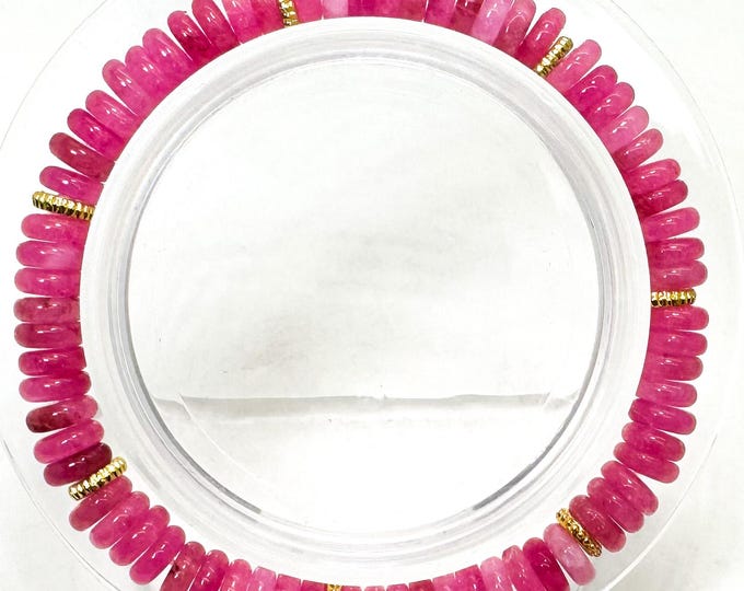 Handmade Hot Pink Agate Rondelle Bracelet 6.5" – 6mm Dyed Gemstone Beads with Gold Spacers - PGB8R31