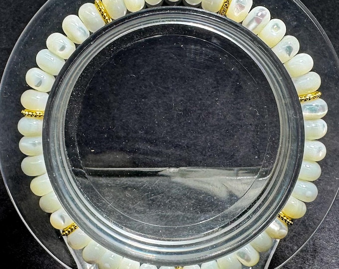 White Mother of Pearl Shell Stretch Bracelet – 6mm Beads, 6.5" – Gold Spacer Accents – Protection • Soothing • Harmony - PGB8R46