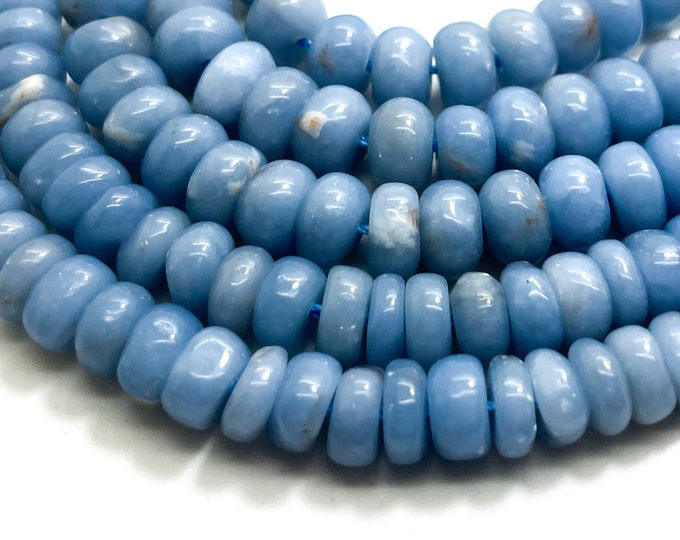 Angelite Beads, Natural Blue Angelite Smooth Polished Rondelle Round Flat 5mm x 8mm Gemstone Beads - RD35