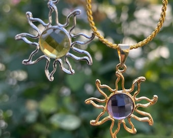 Natural Citrine with Silver Plated, Amethyst with Gold Plated (Pendant Only) Faceted Round Gemstone Solar Sun Shape - JS21