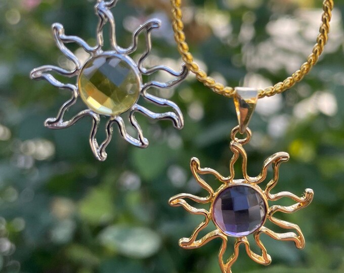 Natural Citrine with Silver Plated, Amethyst with Gold Plated (Pendant Only) Faceted Round Gemstone Solar Sun Shape - JS21