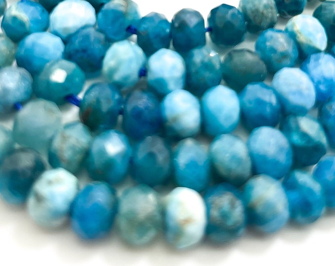 Natural Blue Apatite Beads, Blue Apatite Faceted Rondelle 4mm x 6mm Gemstone Beads - RDF104